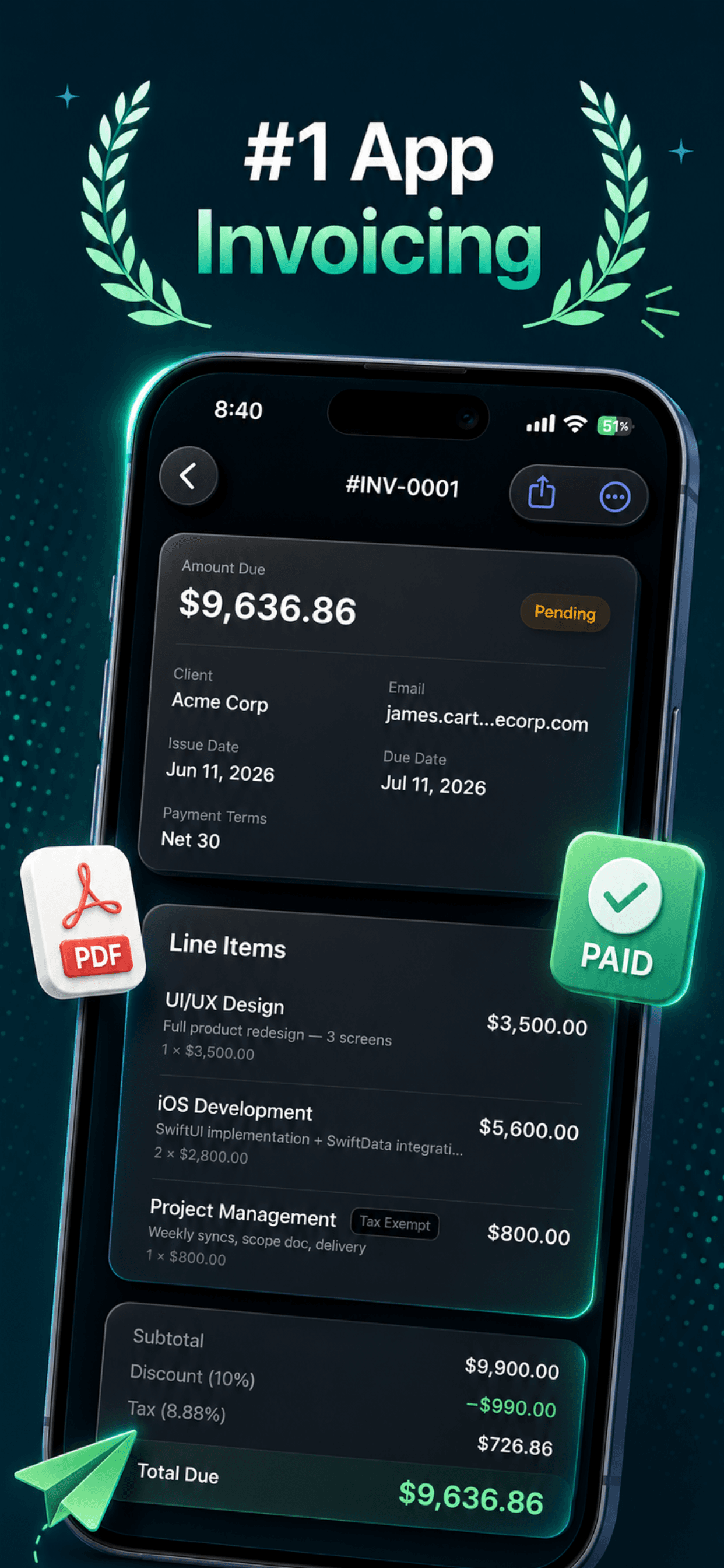 Invoice Generator showing an invoice with line items and totals