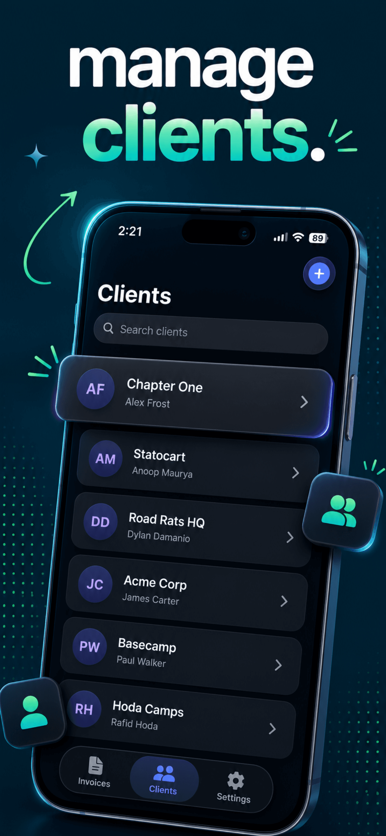 Invoice Generator showing a client management list